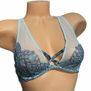 Victoria’s Secret Very Sexy Sheer Mesh unlined Plunge bra metallic lace gray 34B